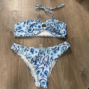 Blue and White Patterned Bikini Set
